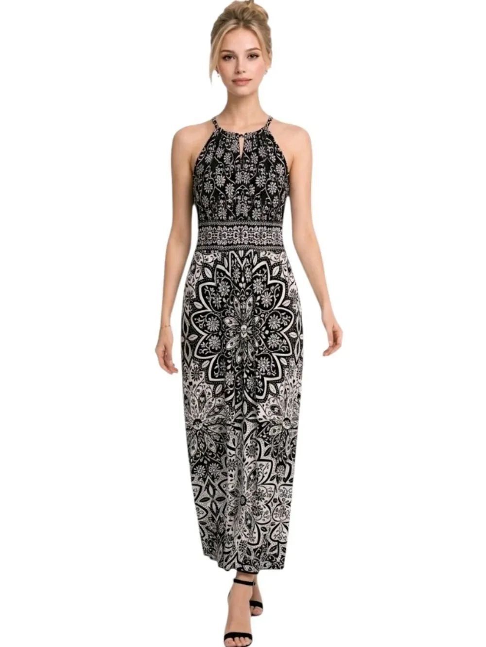 London Times Black & White Floral  Inset Waist Keyhole Halter Maxi Dress Size 8